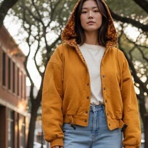 Vintage Y2K Eberle Mustard Hooded Reversible Cotton Jacket rivets clip size 6/8